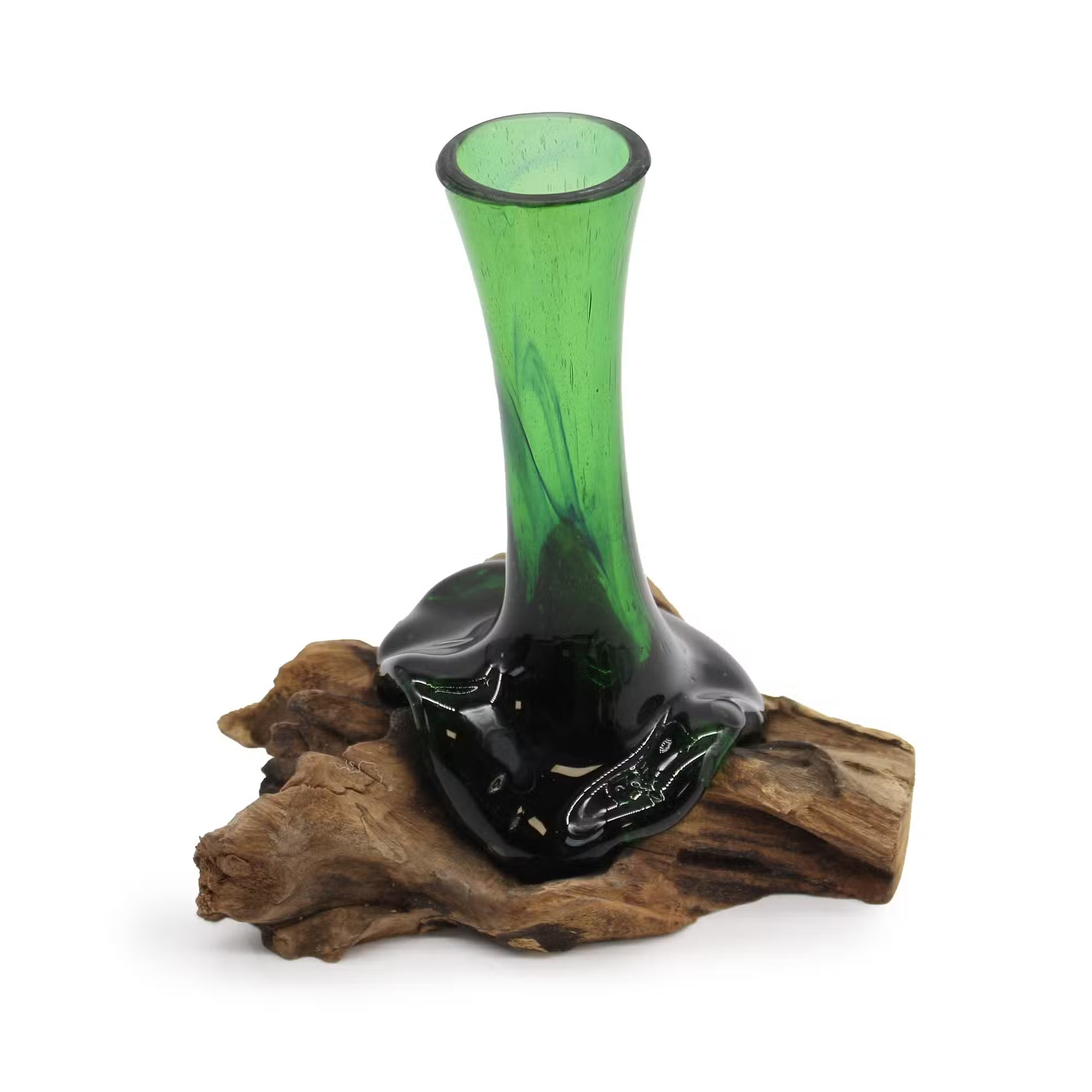 Grüne Glasvase aus Recyclingglas auf Gamalholz – 20 cm