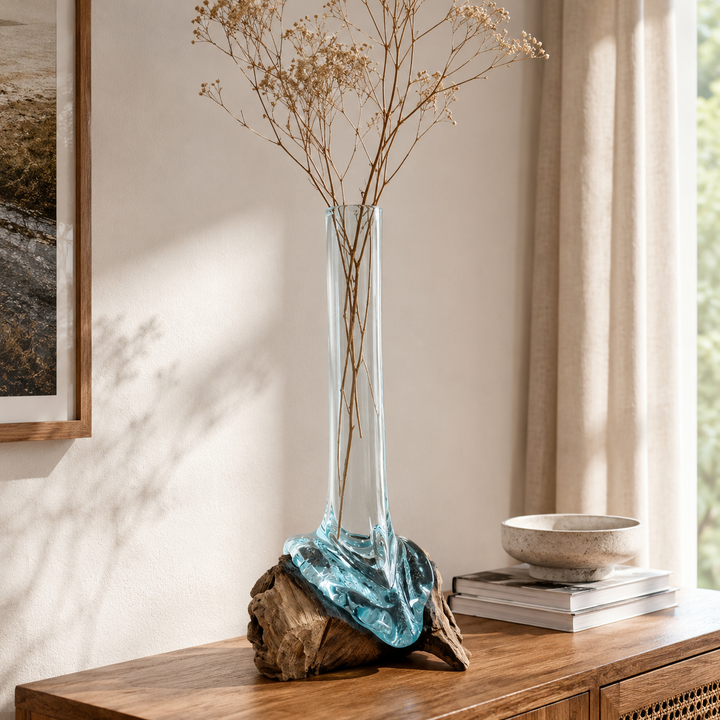 Glasvase auf Gamalholz 28cm