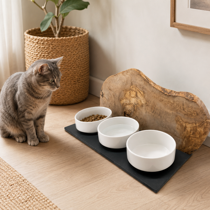 Futterstation Cats only aus Olivenholz mit 3 Porzellanschalen – je 0,4 l