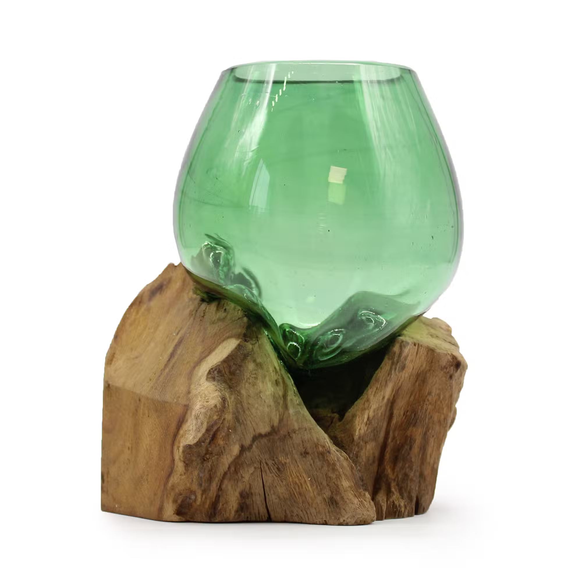 Grünes Glasgefäß aus Recyclingglas auf Gamalholz – 18 cm