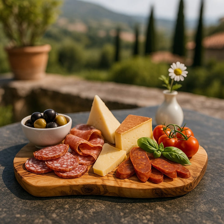 Vesperbrett aus Olivenholz mit Brot und Käse