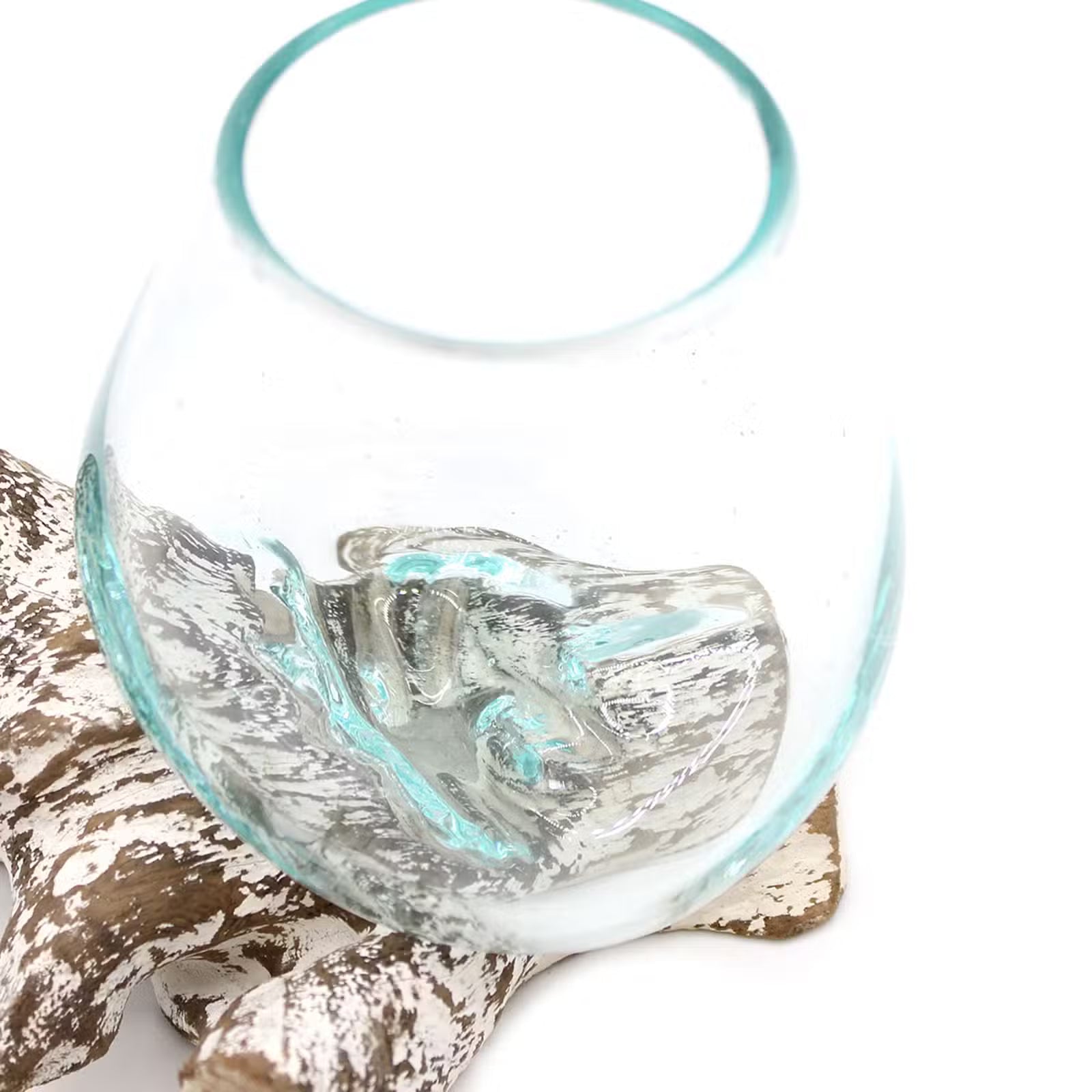 Glasschale aus Recyclingglas auf Whitewash-Gamalholz – 3 Größen