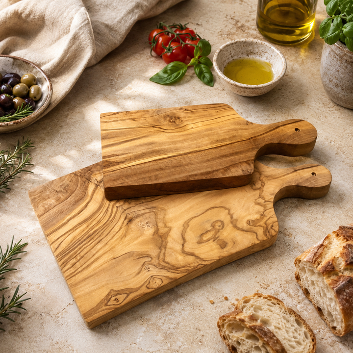 Schneidebrett Set Olivenholz – 2er mit Griff, massiv